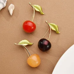 Enameled cherry with a leaf - broochBrooches