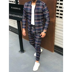 Trendy men's plaid set - cardigan with zipper / stand-up collar / long pants - slim fitPants