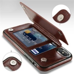 Retro card holder - phone cover case - leather flip cover - mini wallet - for iPhone - blackProtection