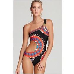One piece black swimsuit - colorful pattern - one shoulder / cut out sideBeachwear