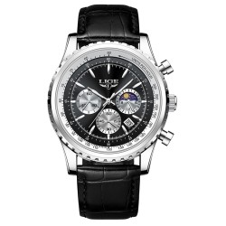 LIGE - luxury stainless steel Quartz watch - luminous - leather strap - waterproof - blackWatches